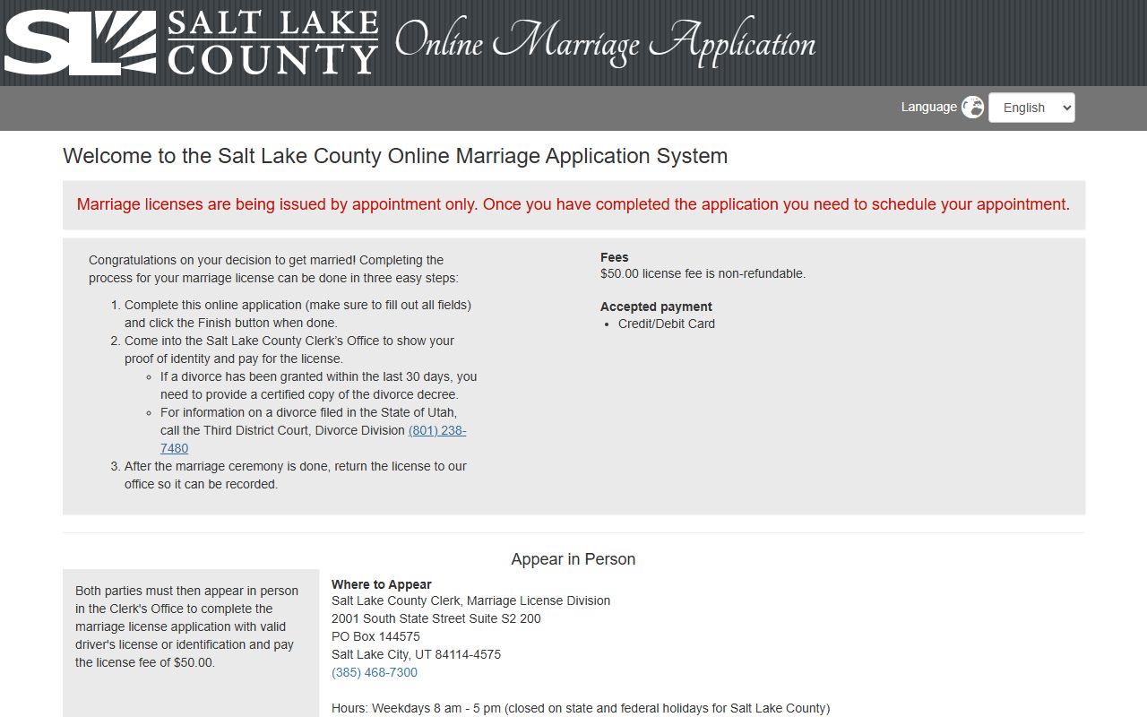 Salt Lake County marriage license appointment portal, separate from the Clerk of Court
