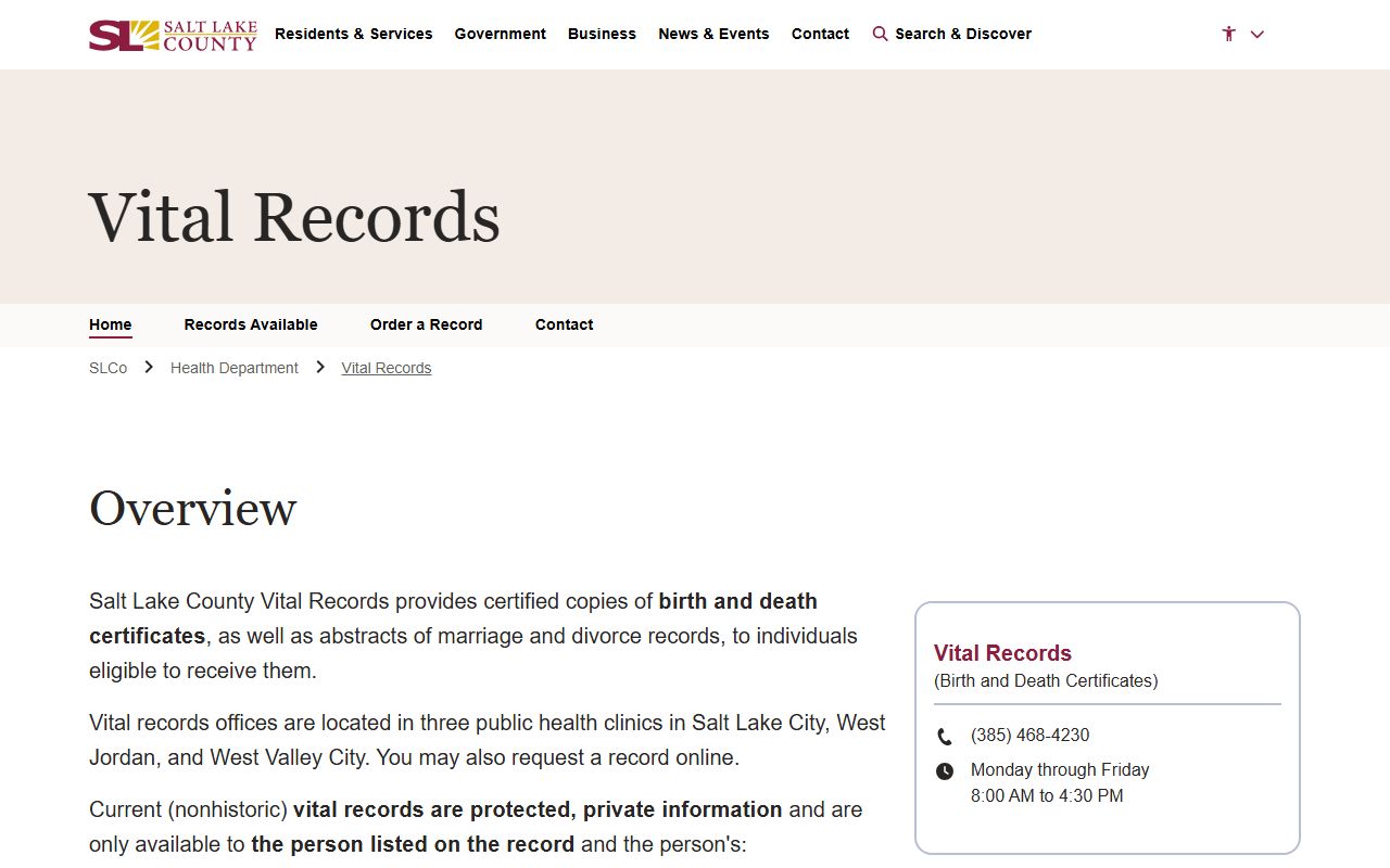 Salt Lake County Vital Records page, separate from the Clerk of Court
