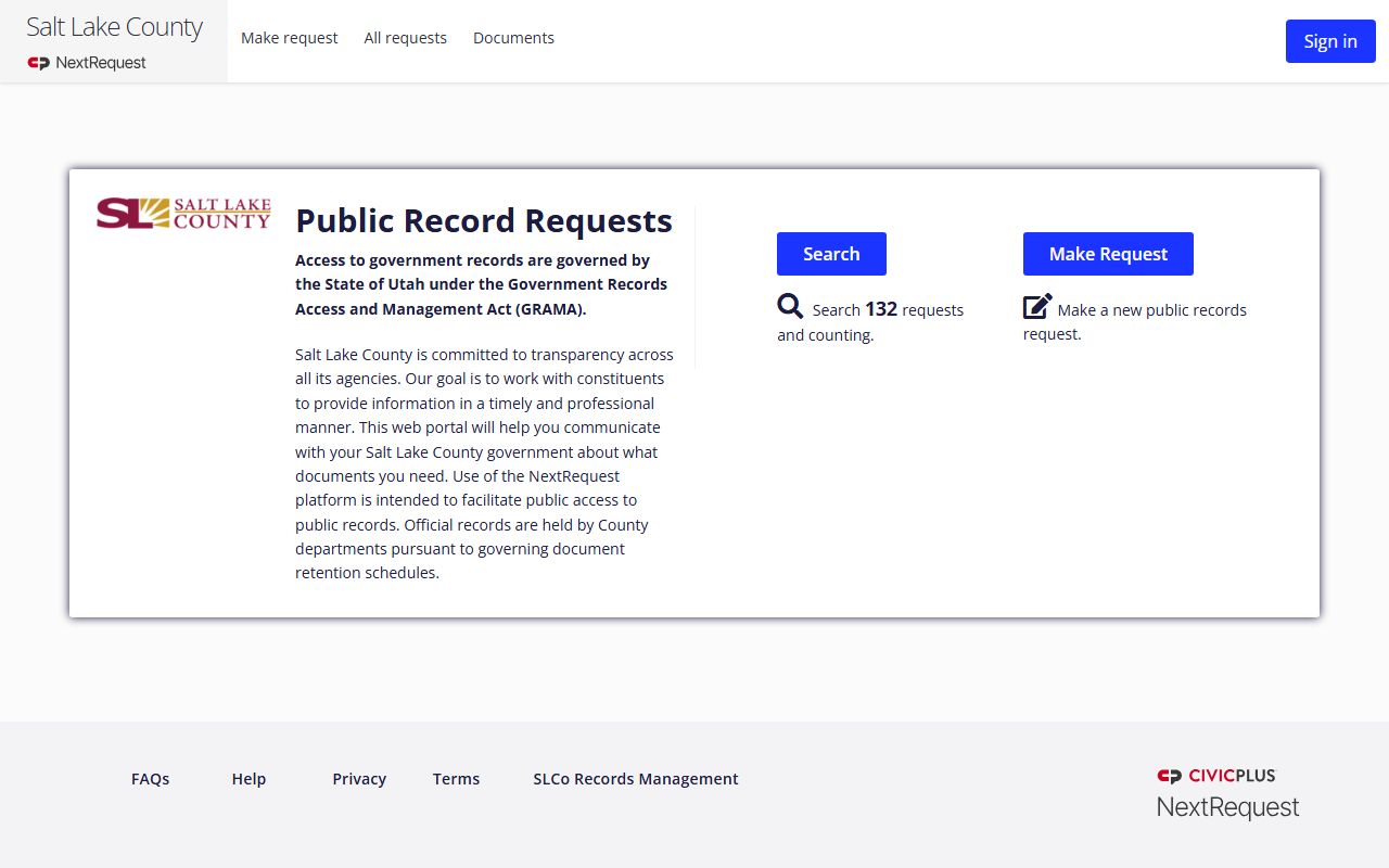 Salt Lake County GRAMA request portal, separate from the Clerk of Court