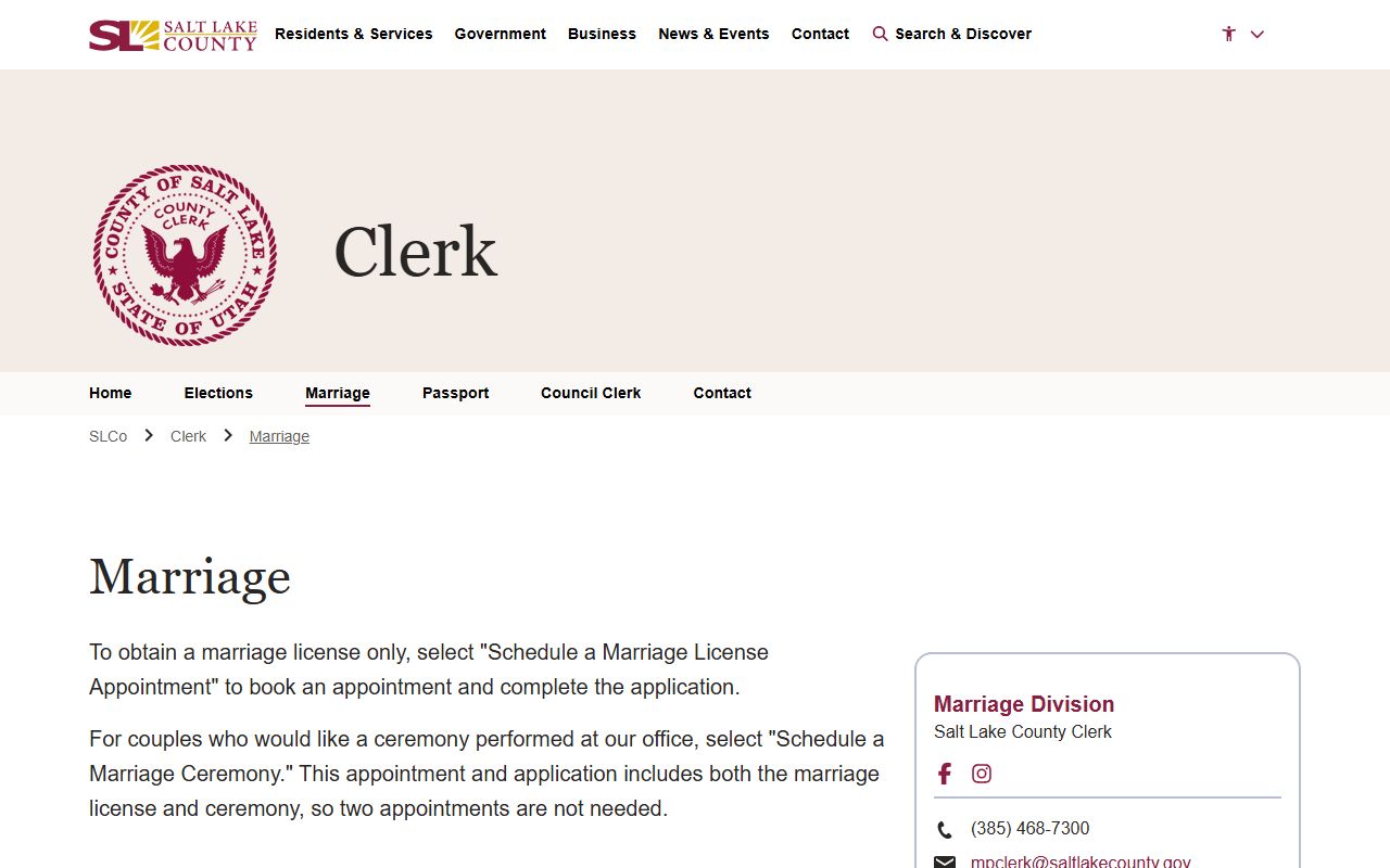 Salt Lake County Clerk marriage page, not handled by the Clerk of Court