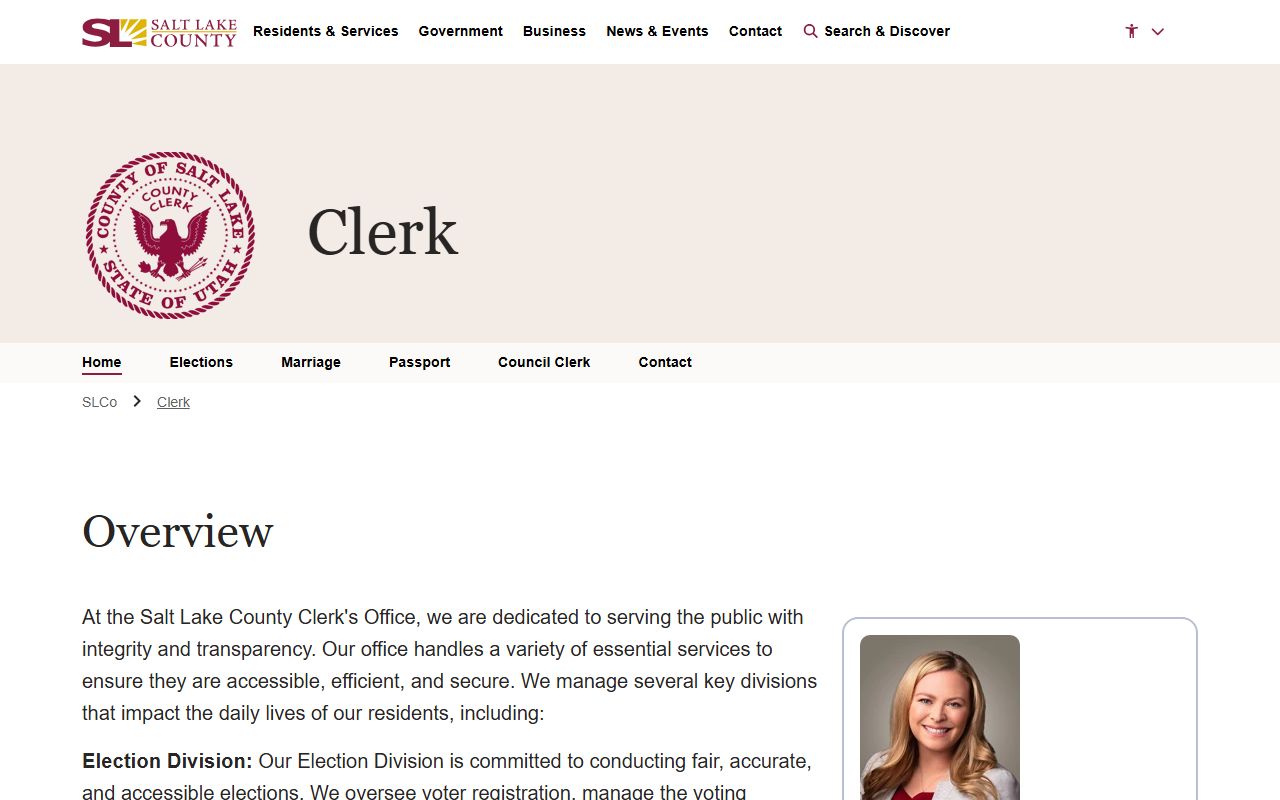Salt Lake County Clerk overview page, distinct from the Salt Lake County Clerk of Court