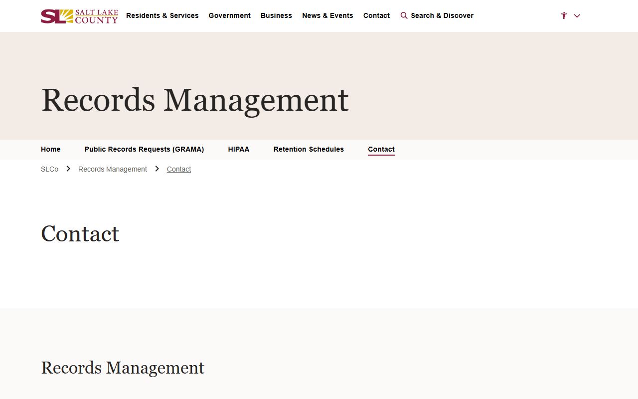 Salt Lake County Records Management contact page near the Clerk of Court topic