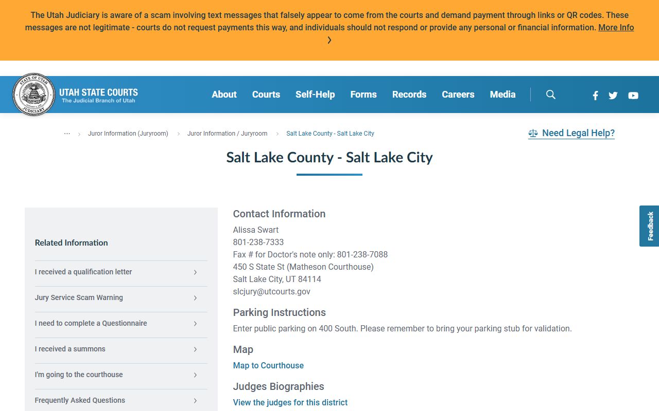 Salt Lake County court records contact page with Matheson Courthouse address