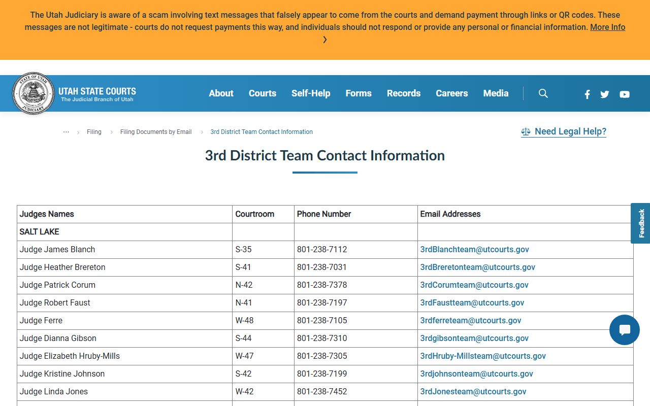 Third District judge and team contacts for Salt Lake County court records