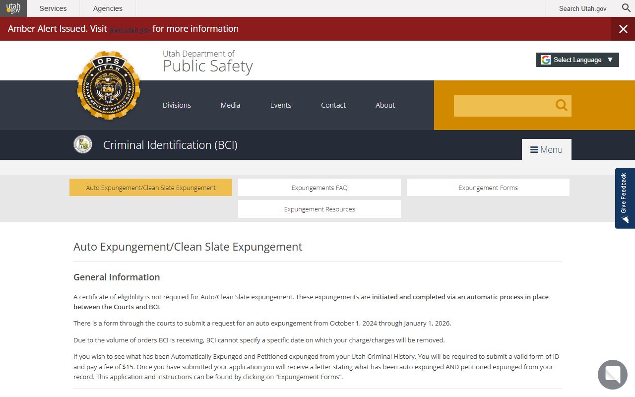 BCI clean-slate automatic expungement page for Salt Lake County criminal records