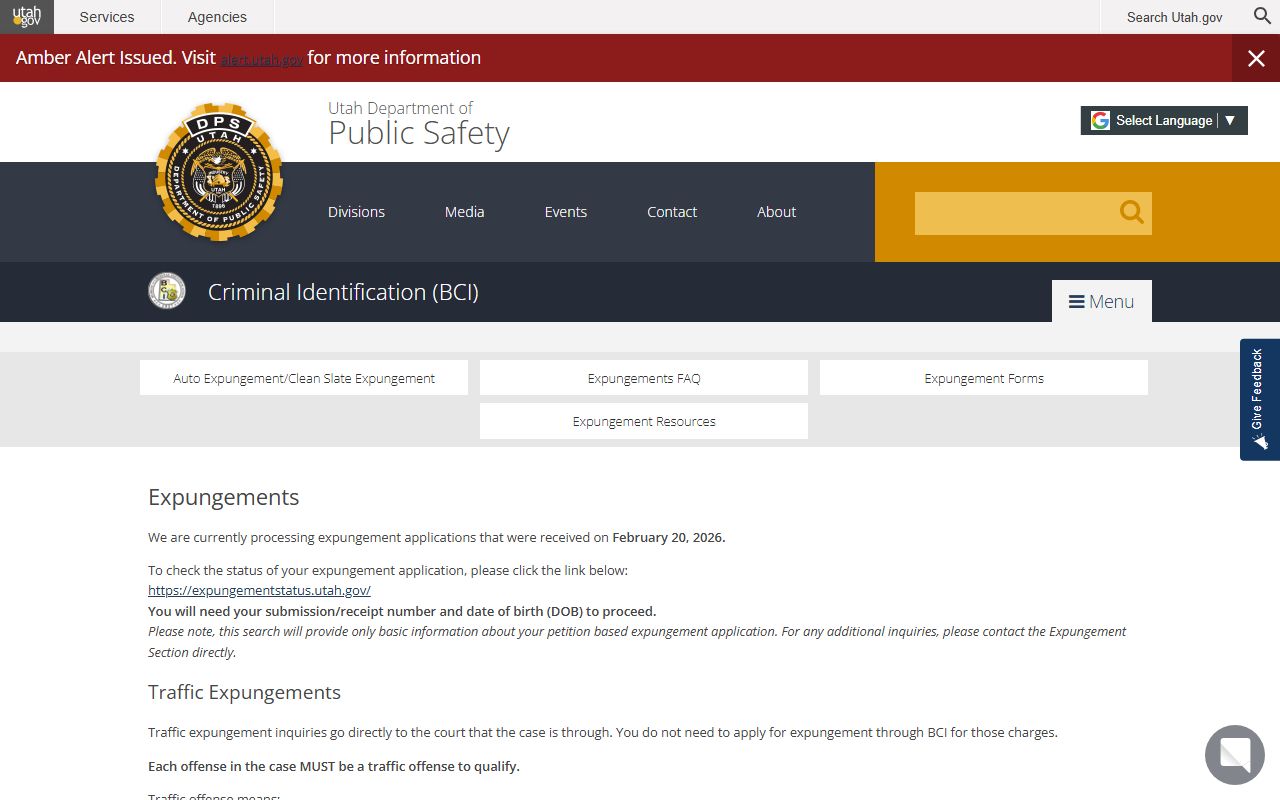 BCI expungements page tied to Salt Lake County criminal records