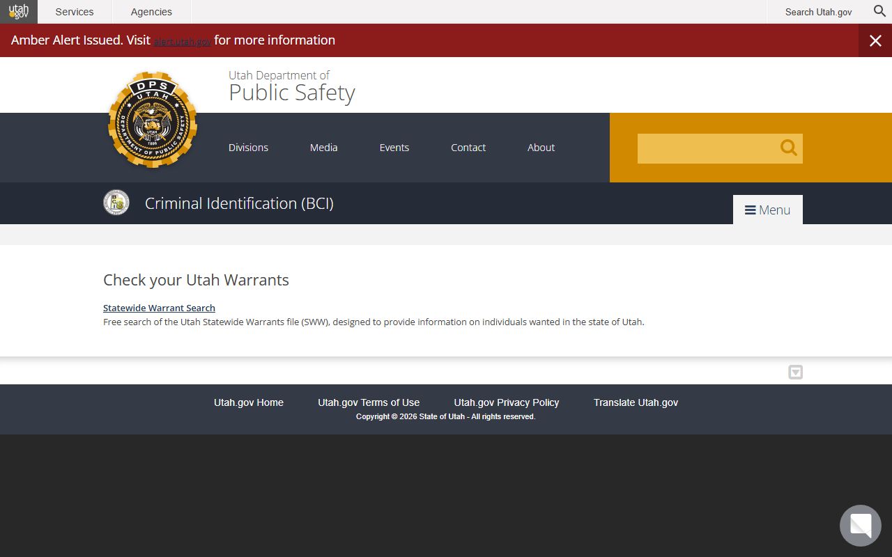 BCI warrant page linking the statewide search for Salt Lake County criminal records