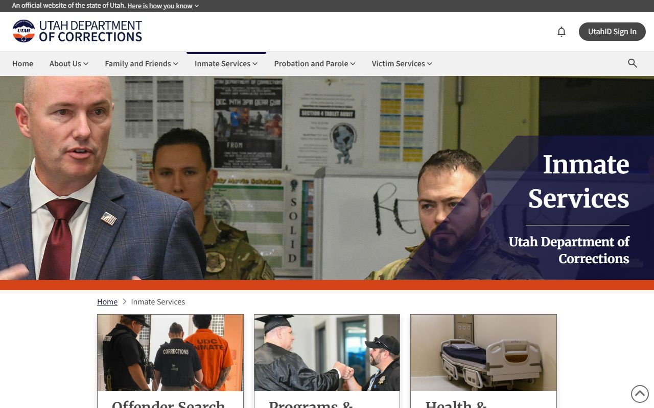 Utah Department of Corrections inmate services page for Salt Lake County arrest records research