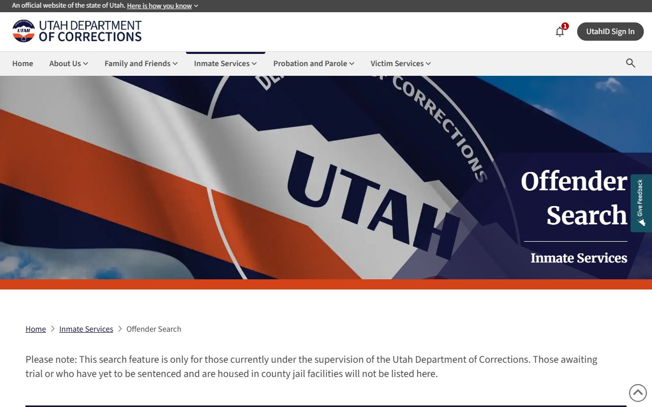Utah Department of Corrections offender search used for Salt Lake County arrest records