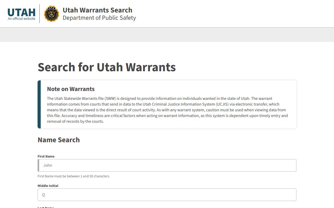 Utah Statewide Warrants Search tied to Salt Lake County criminal records