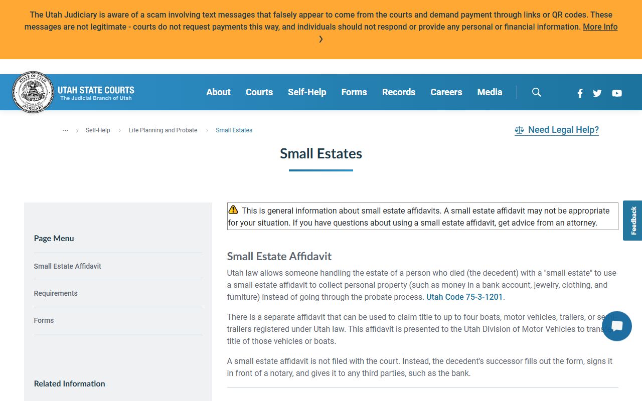 Utah Courts small-estate page for the Salt Lake County District Court