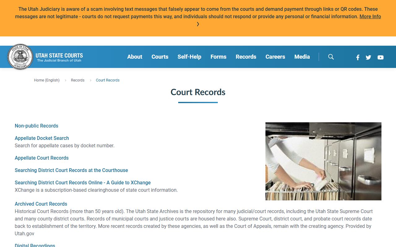 Salt Lake County court records search landing page on Utah Courts