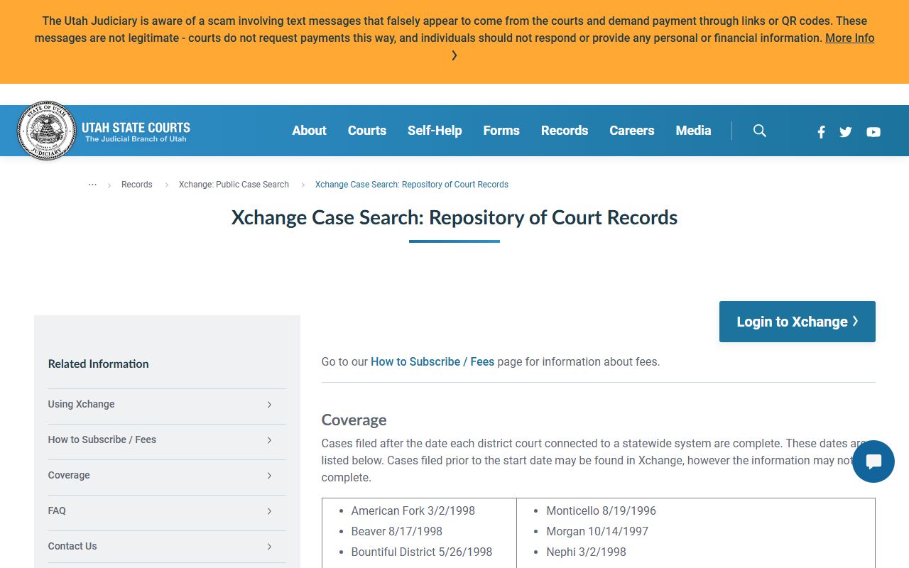 XChange coverage page for Salt Lake County court records