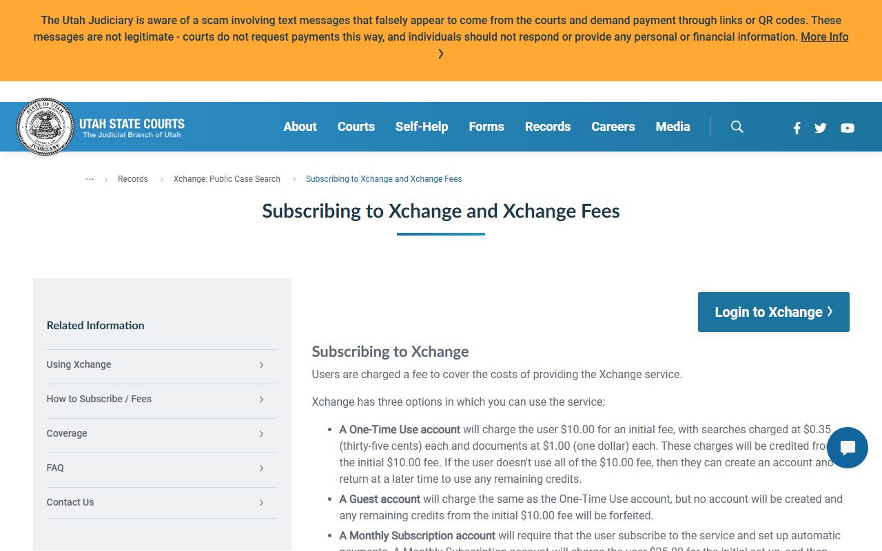 XChange subscription and fee page for Salt Lake County court records