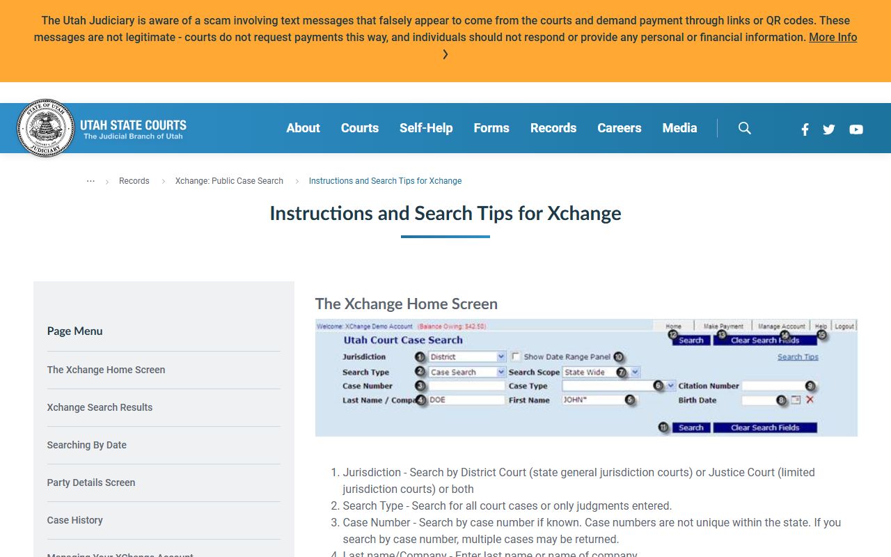 XChange help page describing Salt Lake County court records fields