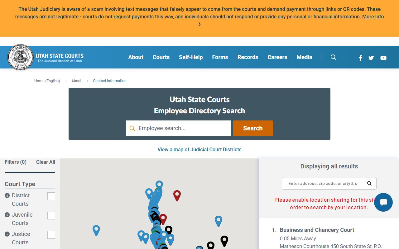 Utah State Court Directory used for Salt Lake County court records lookups