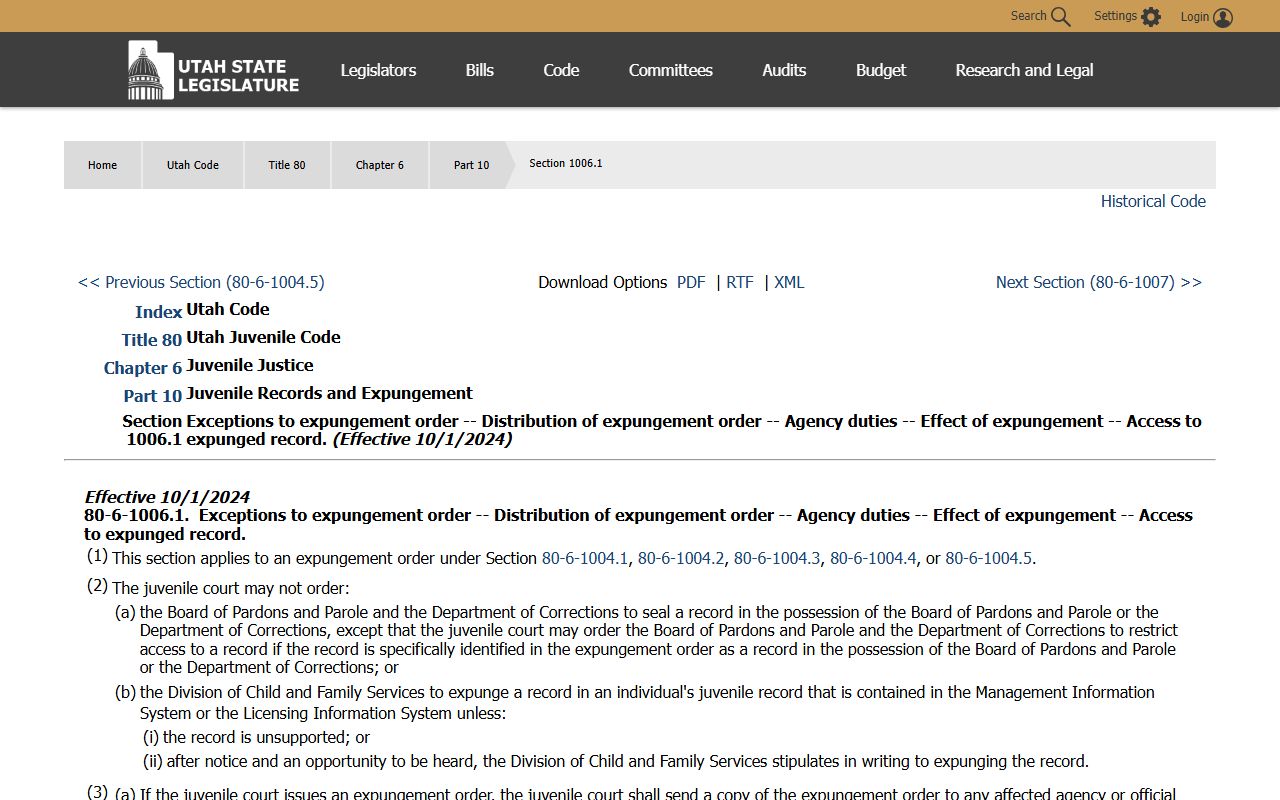 Utah Code 80-6-1006.1 juvenile record rules affecting Salt Lake County inmate population data
