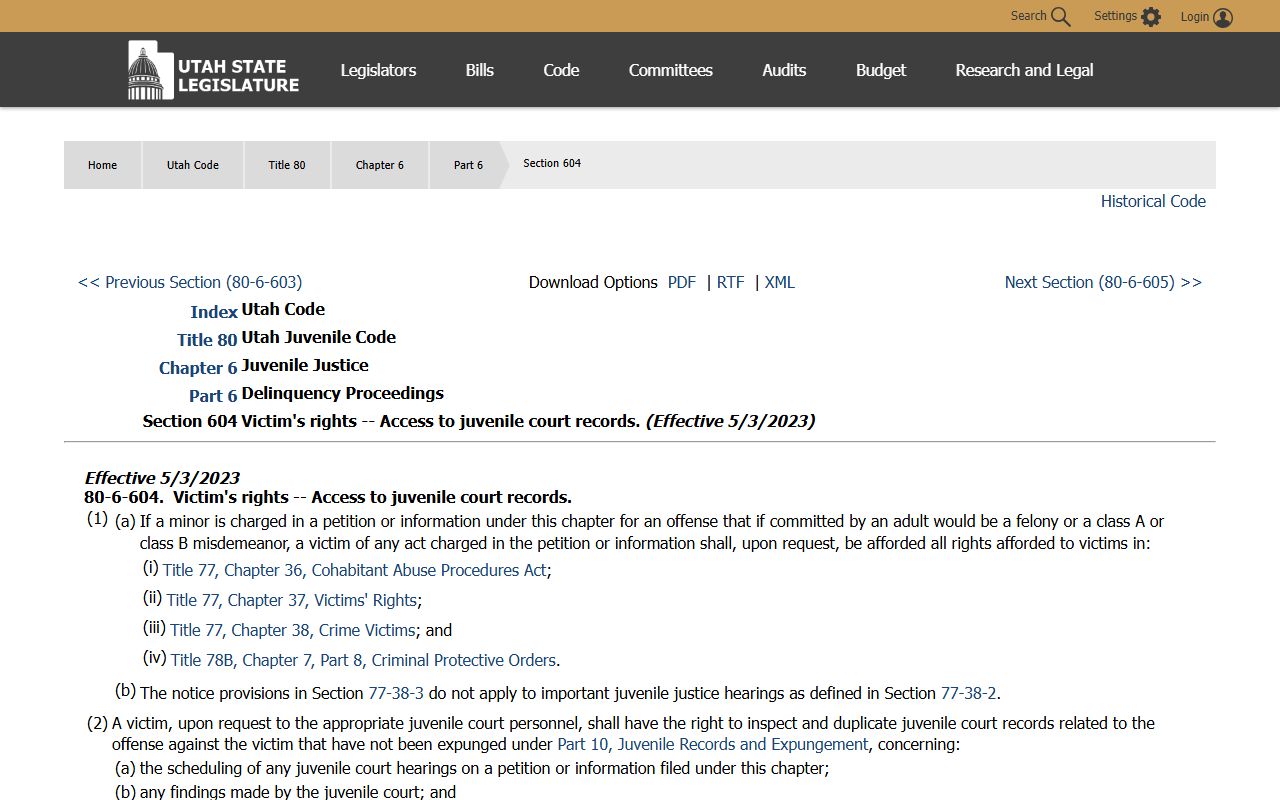 Utah Code 80-6-604 juvenile record access noted for Salt Lake County inmate population