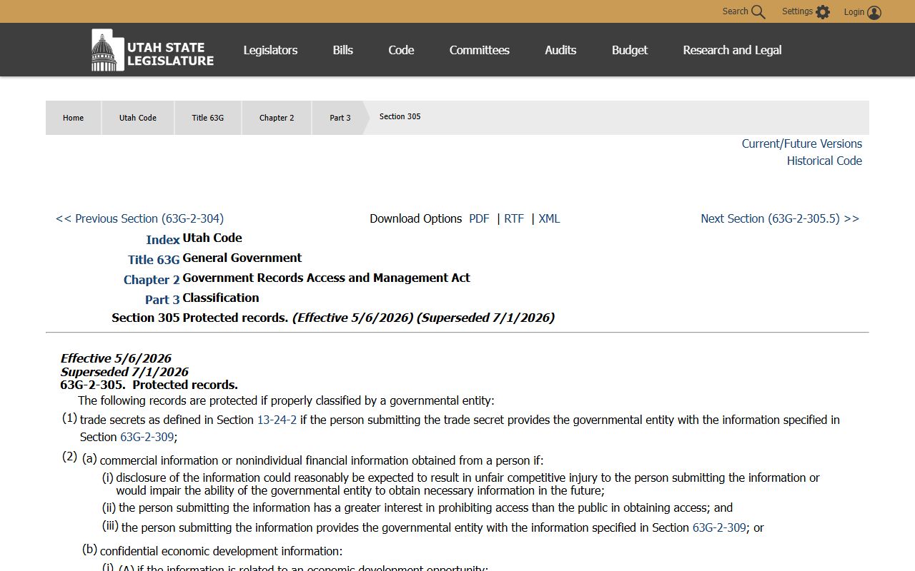 Utah Code 63G-2-305 protected records limiting Salt Lake County inmate population detail