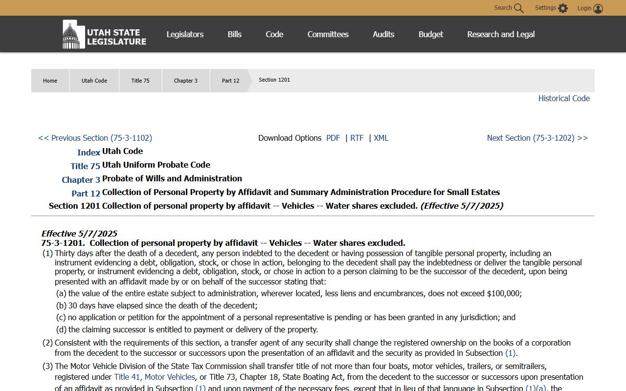 Utah Code 75-3-1201 small-estate process, a District Court record type near Salt Lake County inmate population