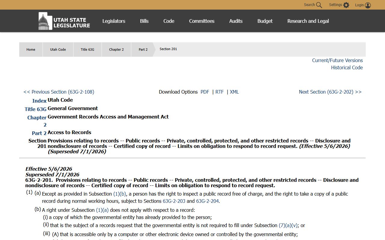 Utah Code 63G-2-201 governing Salt Lake County inmate records access