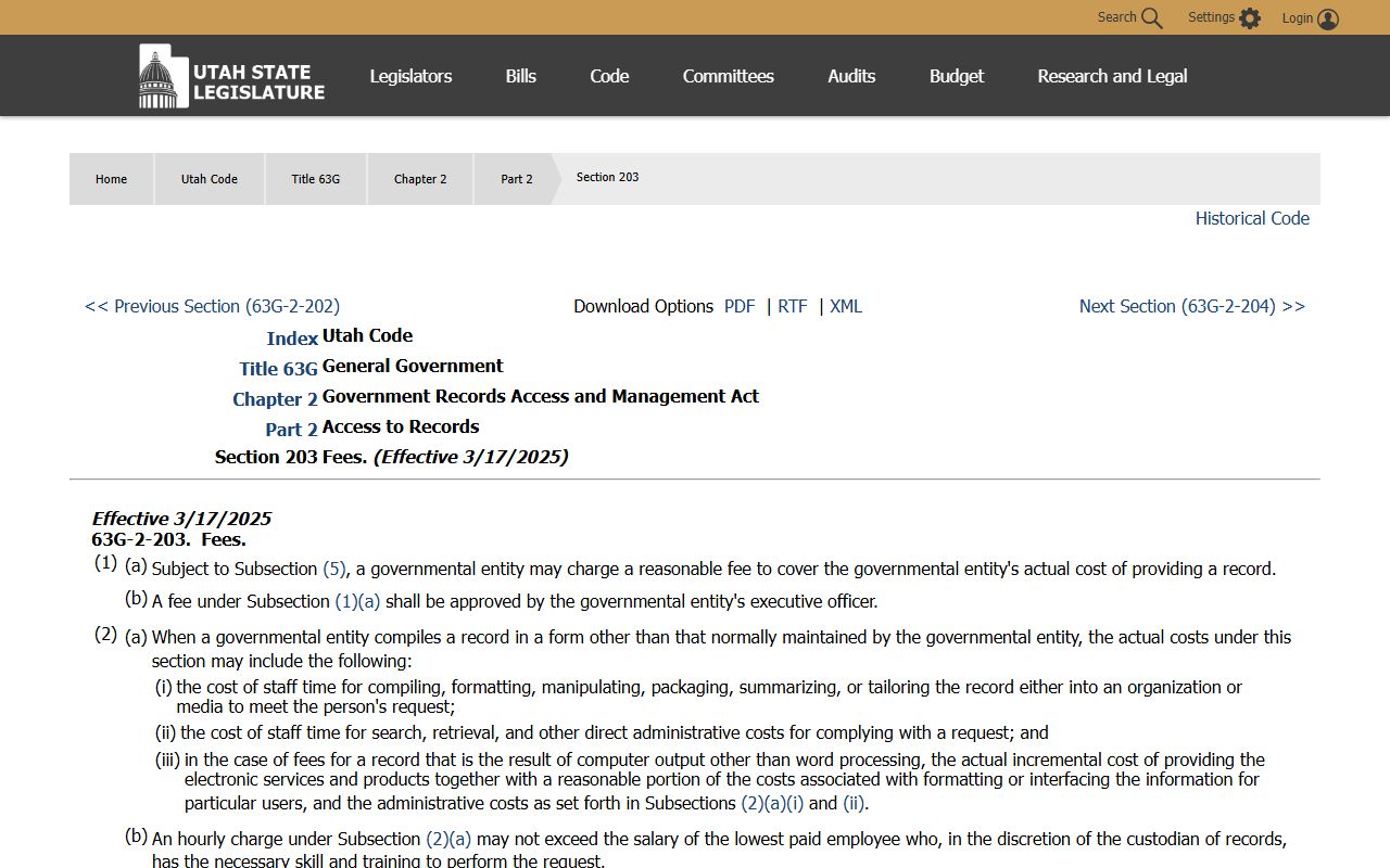Utah Code 63G-2-203 fee rules for Salt Lake County inmate records requests
