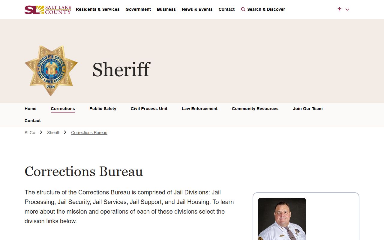 Salt Lake County Corrections Bureau page for jail public records