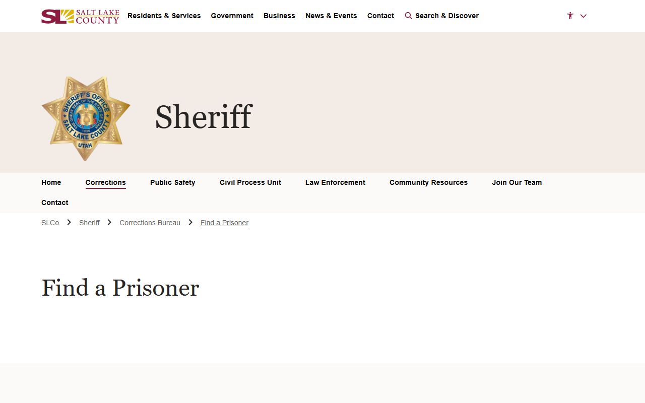 Salt Lake County Sheriff Find a Prisoner page for public records access