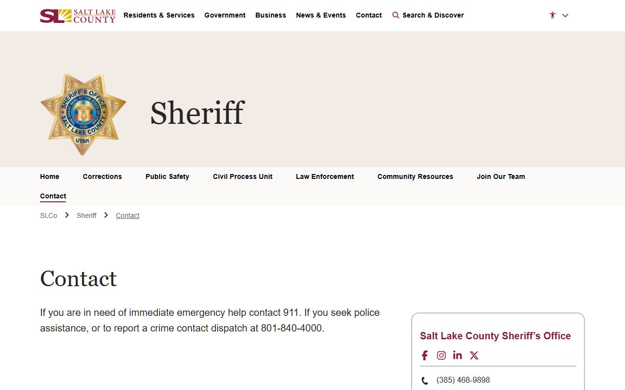 Salt Lake County Sheriff contact page with jail records request forms