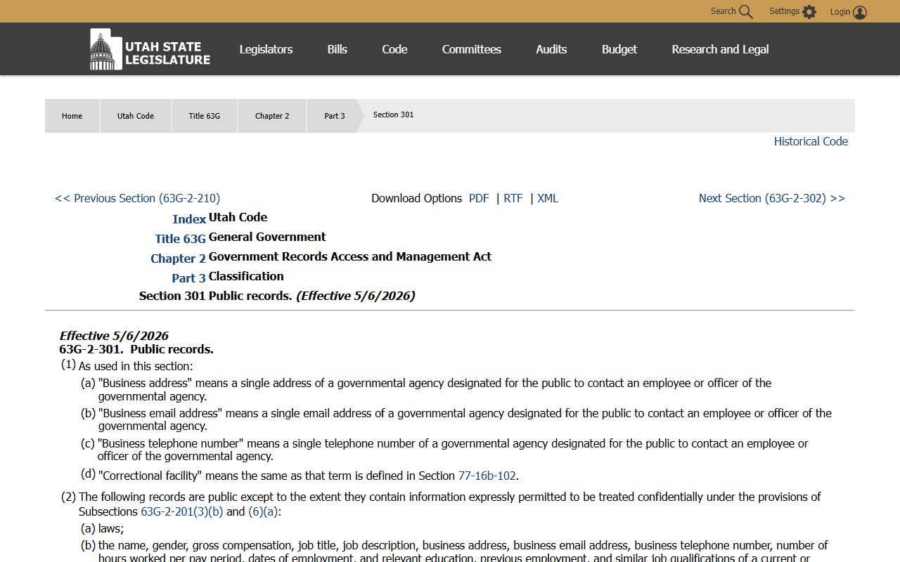 Utah Code 63G-2-301 public records basis for Salt Lake County released inmates data