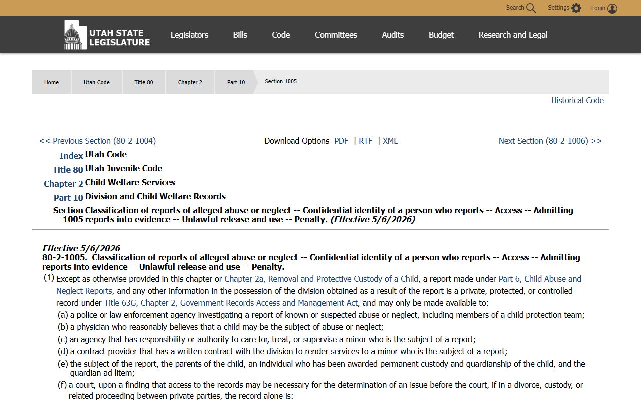 Utah Code 80-2-1005 child welfare record rules affecting Salt Lake County released inmates