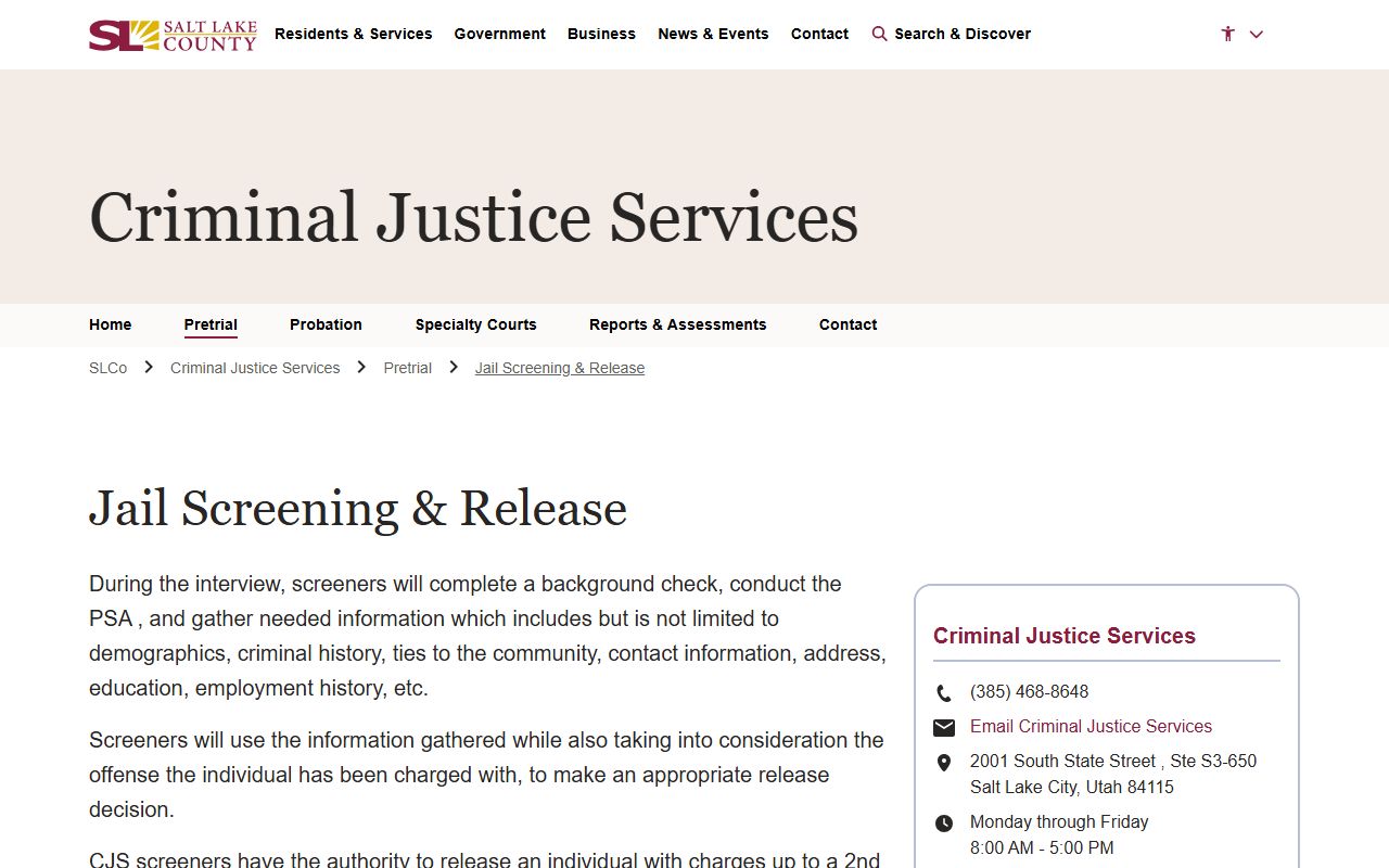 Salt Lake County CJS jail screening and release for DUI traffic cases